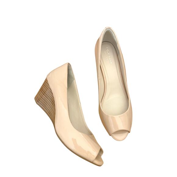 Cole Haan Peep Toe Patent Leather Wedges Sz 7.5 - Picture 3 of 9